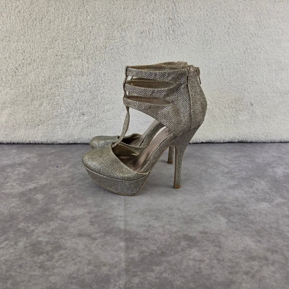 Qupid Gold Glitter Platform Pumps Cage Ankle Strap Stiletto Heels 6.5 S1978